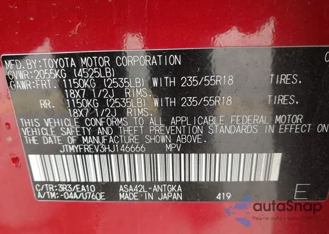 2017 Toyota Rav4 Limited z USA, uszkodzony, nr VIN JTMYFREV3HJ146666
